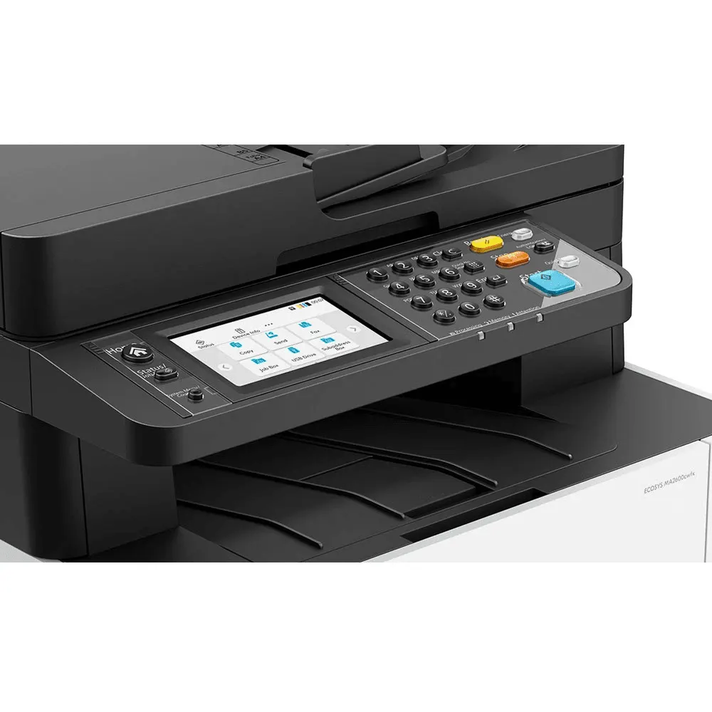 МФУ Kyocera МФУ лазерное ECOSYS MA2600cwfx (A4), цветное, Printer/Scanner/Copier/Fax, 1200x1200 dpi, 26 ppm, 1 GB, 1 GHz, tray 50+250 sheets, DADF 50 sheets, USB+Ethernet+Wi-Fi, Duplex, 4.3" touchscreen, drum 100k, starter toner 1.5k (110C0D3NL1)