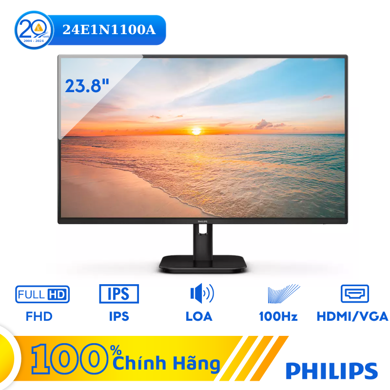 Монитор жидкокристаллический PHILIPS 24E1N1100A/01 LCD 23,8'' 16:9 1920х1080(FHD) IPS, 100 Hz, 250 cd/m2, H178°/V178°, 1300:1, 16.7M, 4ms, HDMI, VGA, черный
