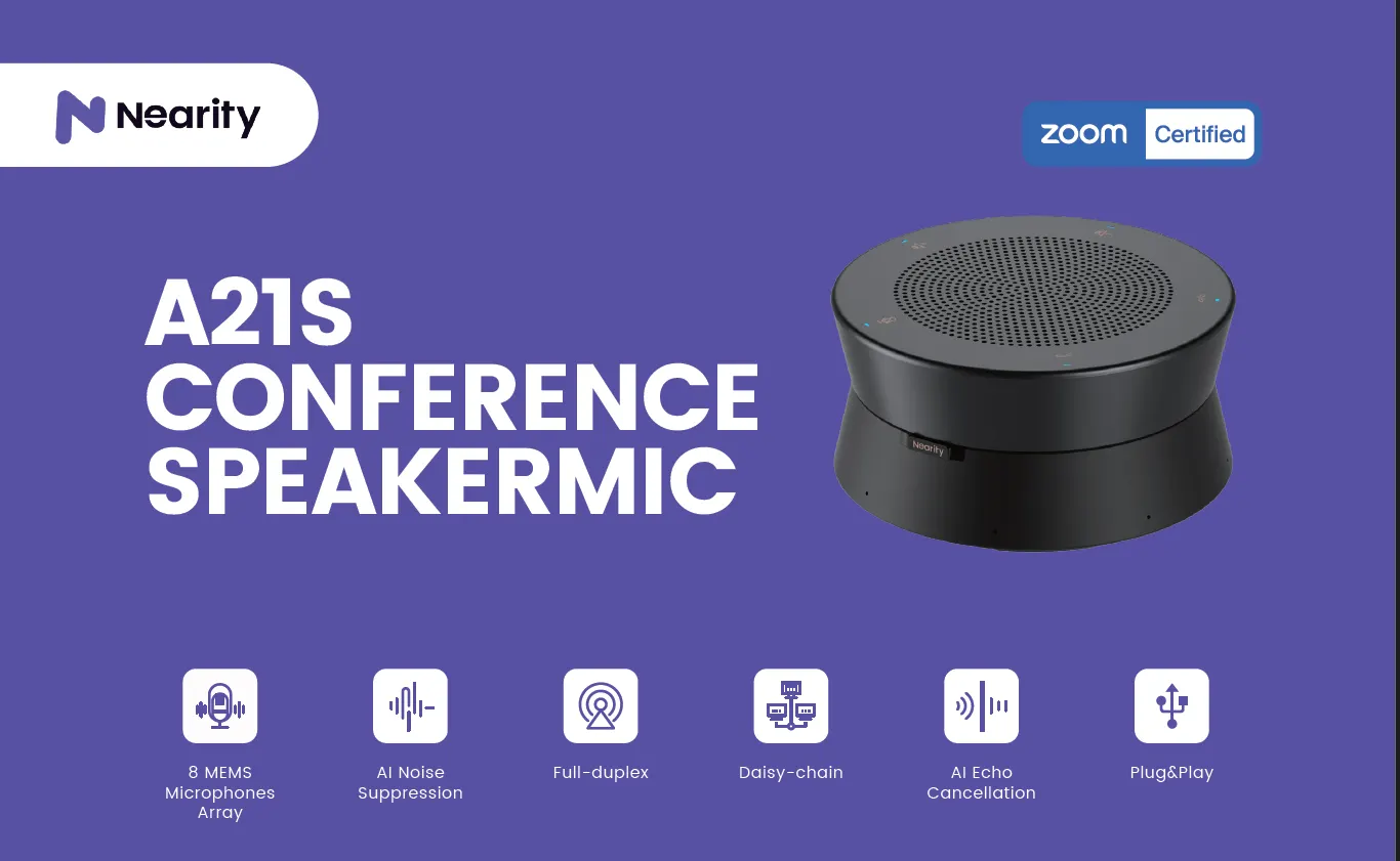 Комплект ВКС Nearity 8 MEMS microphones array. Full band speaker. Support echo cancellation.Support reverb suppression.Full duplex communication.Automatic Gain Control (AGC) within 5 meters.Daisy-chain up to 6 units.Effective sound pickup.USB 2.0 type C. Bluetooth (AW-A21S)