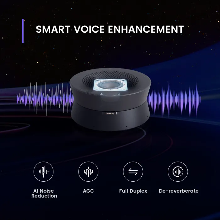 Комплект ВКС Nearity 8 MEMS microphones array. Full band speaker. Support echo cancellation.Support reverb suppression.Full duplex communication.Automatic Gain Control (AGC) within 5 meters.Daisy-chain up to 6 units.Effective sound pickup.USB 2.0 type C. Bluetooth (AW-A22)