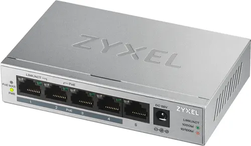 Коммутатор ZyXEL Unmanaged Gigabit PoE Switch GS1005HP, 5xRJ-45: 1G (4x PoE+), 60W PoE budget, desktop, fanless (GS1005HP-EU0101F)