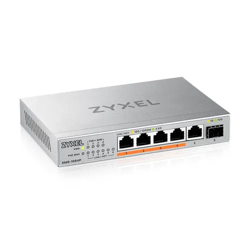Коммутатор ZyXEL Unmanaged Multi-Gigabit PoE Switch XMG-105HP, 5xRJ-45: 1/2.5G (4x PoE++), 1xSFP+, 70W PoE budget, desktop, fanless (XMG-105HP-EU0101F)